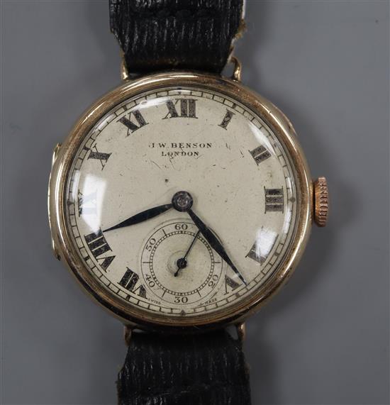 An early 20th century 9ct gold J.W. Benson manual wind wrist watch, with Roman dial and subsidiary seconds,